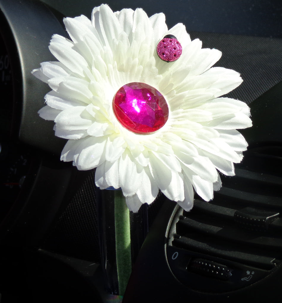 VW Beetle Flower - White and Pink Bling Daisy