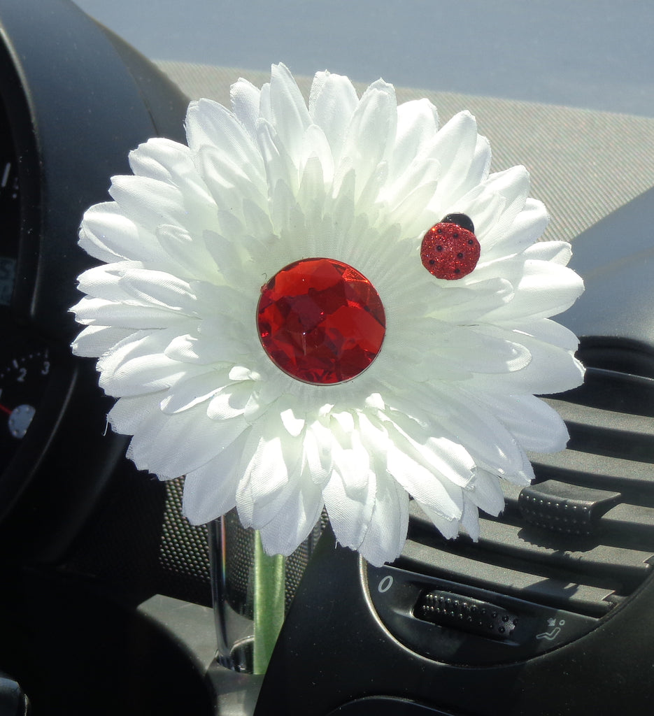 VW Beetle Flower - White and Red Bling Daisy